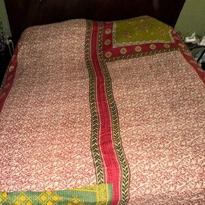Handcrafted Red and Green Floral Bedspread -Kantha Brand